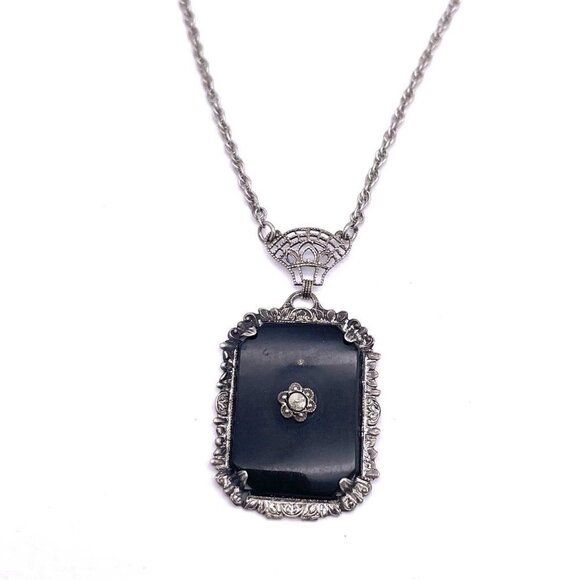 Art Deco 925 Sterling Silver Gemstone Filigree Pendant Chain Necklace 28  in - Picture 1 of 5